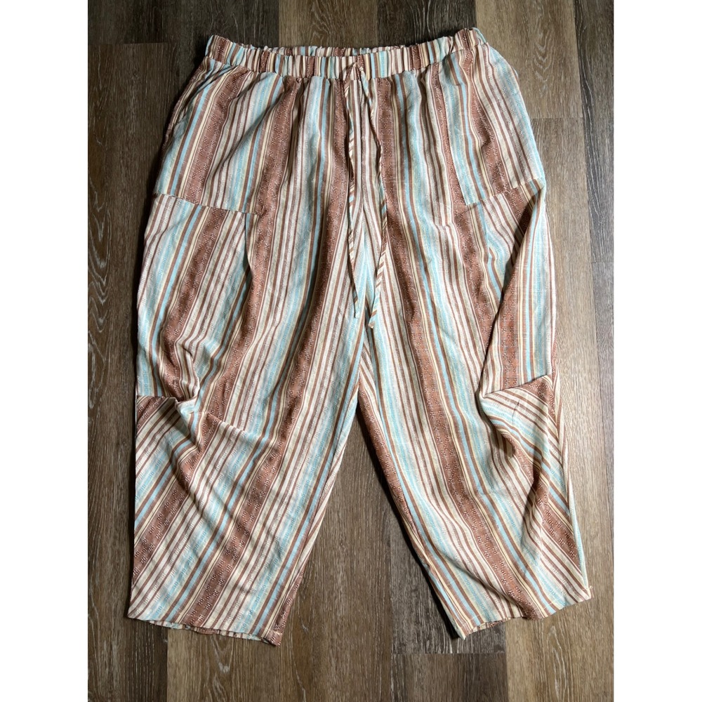 Striped Wide Leg Crop Pants Womens 3XL Brown Blue Good Drawstring Pockets